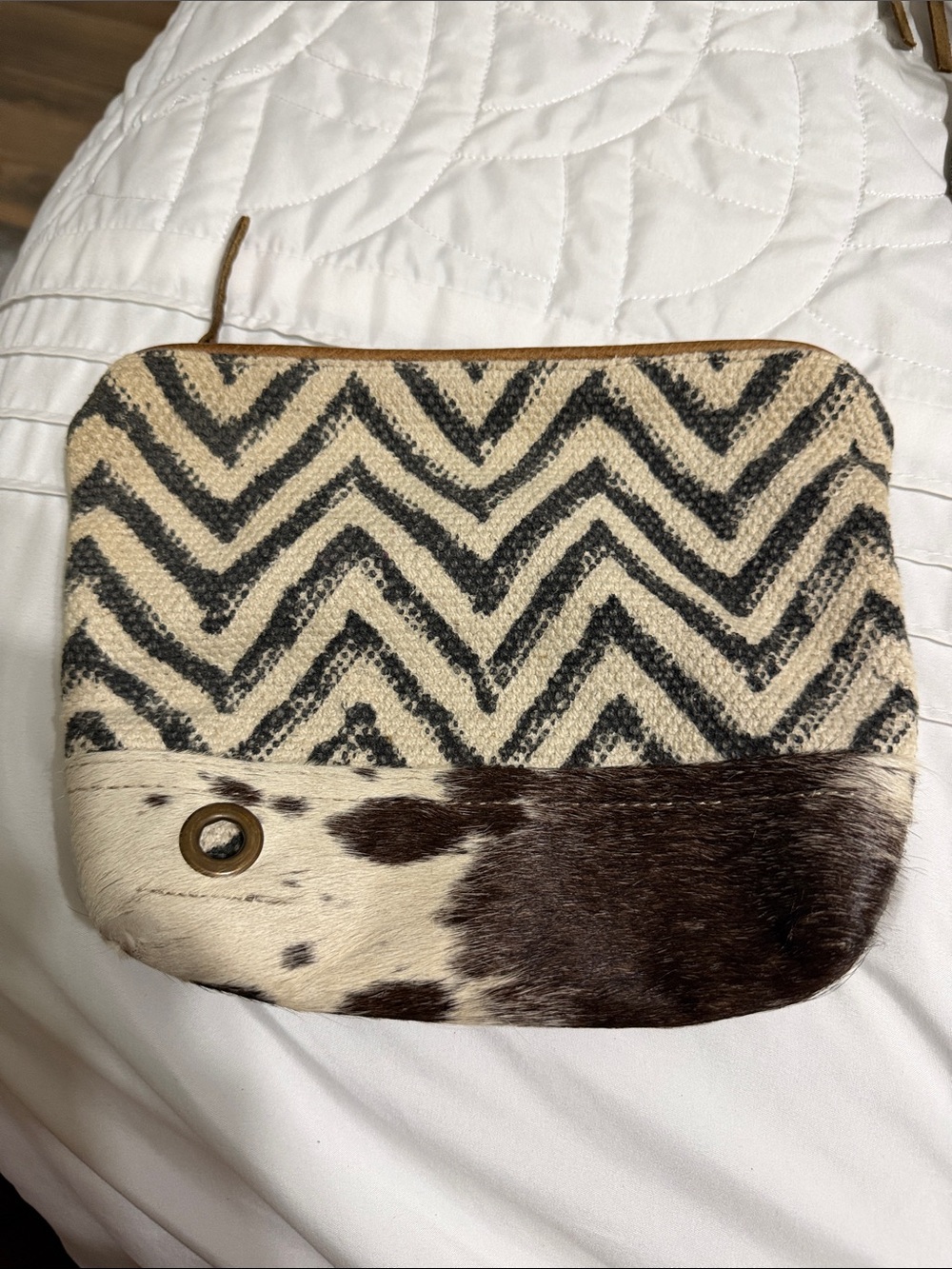 Chevron Canvas and Cowhide Wristlet Pouch in Black and Cream
